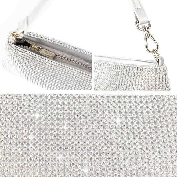 Women Silver Shoulder Imported Bling Rhinestone Evening Cocktail Chain Clutch - Picture 4 of 7